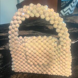 Beaded Mini Top-Handle Bag in Iridescent Cream